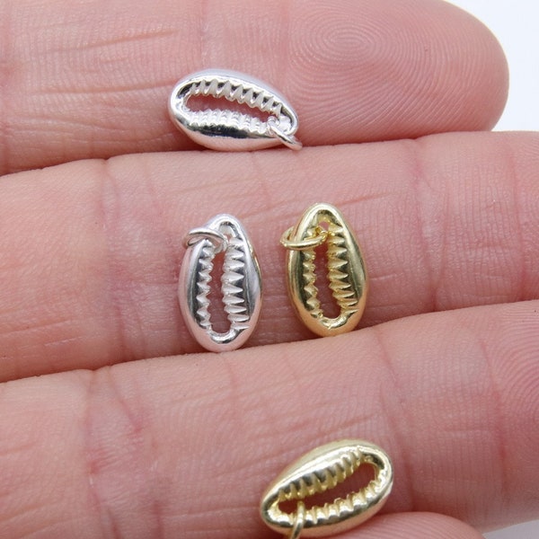 Tiny Cowrie Shell Charms, 12 mm Genuine Gold 925 Silver Seashell Connectors #724, Nautical Beach Jewelry