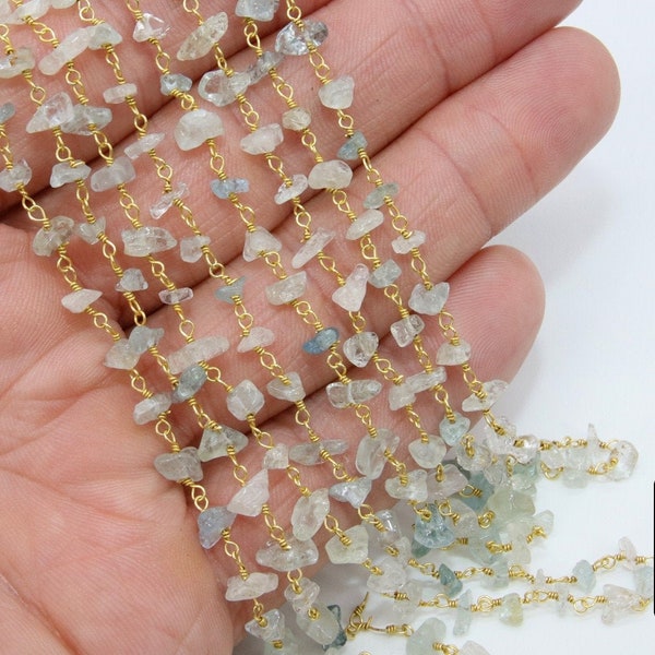 Natural Aquamarine Rosary Chain, 4 mm Beaded CH #350, Gold Wire Wrapped Rosary Chain, by the Foot, Baby Blue Mint Rosary, Ships from USA