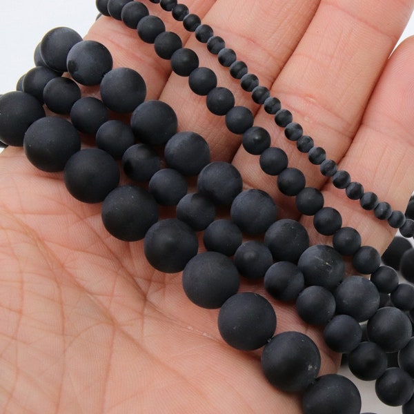 Natural Black Agate Beads, Smooth Frosted Matte Round Black Beads BS #29, sizes 4 mm 6 mm 8mm 10mm 12 mm 15.75 inch Strands
