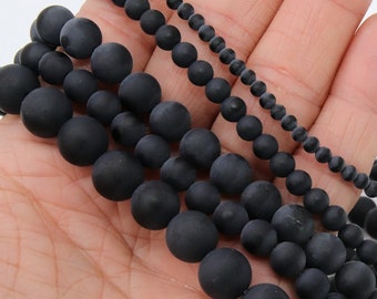 Natural Black Agate Beads, Smooth Frosted Matte Round Black Beads BS #29, sizes 4 mm 6 mm 8mm 10mm 12 mm 15.75 inch Strands