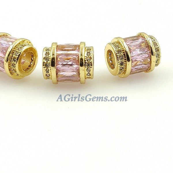 Pink Crystal Beads, CZ Micro Pave Gold Tube Beads, Large Hole Beads 10 x 12 mm 18 K Gold Plated, Elegant Fancy Cubic Zirconia Barrel Beads