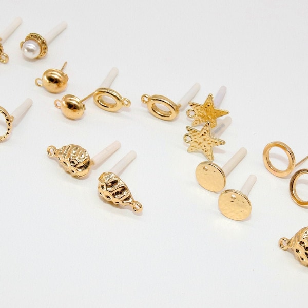 Post Stud Earring Findings, 4 Pc Gold Plated Round, Hearts, Pears, Triangles, Circles, Star Earrings, 8 mm Posts with Closed Loops