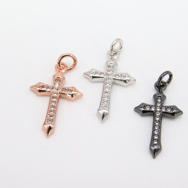 Gunmetal Black CZ Cross Charm, Small Paved Silver Cubic Zirconia Cross Pendants #191, 21 mm Dainty Rose Gold Cross