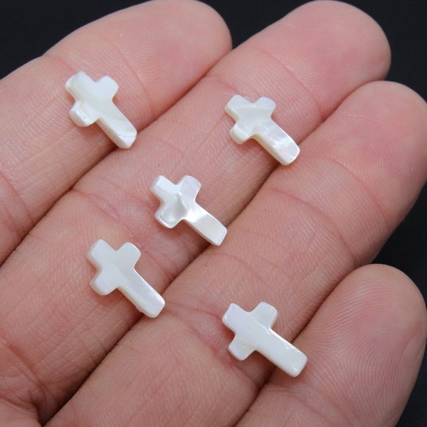 White Pearl Cross Beads, 5 Pc Mother of Pearl Shell Dainty Cross Beads #425, 8 x 13 mm Cross Bracelet Bead, Religious Cross Jewelry