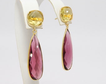Citrine Stud Earrings, Gold, 925 Long Pink Tourmaline and Lemon Quartz Teardrop Gemstone Women's Jewelry