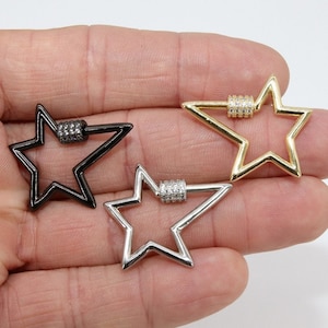 Carabiner Star Screw Clasps, Silver, Gold Large Cubic Zirconia Black Necklace Locks, Interlocking Oval # 2328