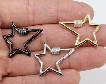 Carabiner Star Screw Clasps, Silver, Gold Large Cubic Zirconia Black Necklace Locks, Interlocking Oval # 2328