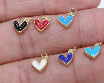 Tiny Gold Enamel Heart Charms, Turquoise Blue Black Red White Heart Charms #84, Mini Jewelry Charms 8 x 9 mm