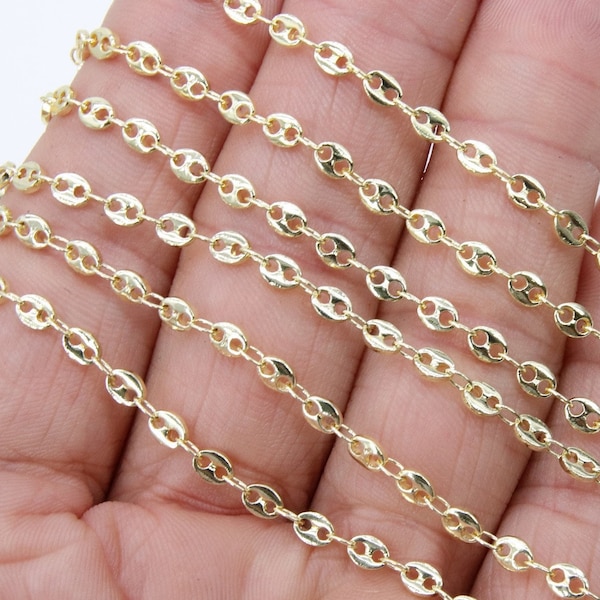 Gold Pig Nose Chain, Flat Oval Sequin Linking Chains CH #134, 3 Sizes Unfinished Cable Chains, 3 x 5 mm, 5 x 9 mm or 8 x 11 mm