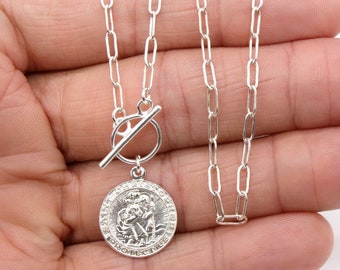 St. Christopher Toggle Double Wrap Choker, 925 Sterling Silber Schutz Münze Halskette, Büroklammer Rechteck Kette