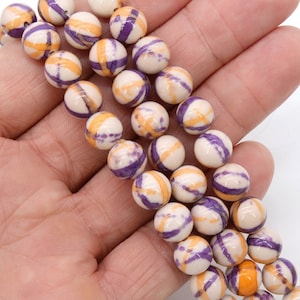 Purple and Gold Beads, Smooth Mixed Yellow Purple White Jade Beads BS #102, LSU Jewelry Beads sizes 10 mm 15.5 inch Strands