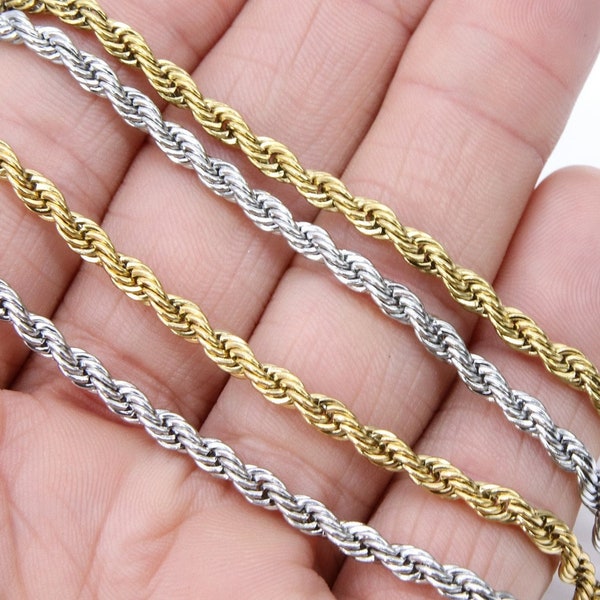 Stainless Steel Silver Chain, 304 Gold Rope Mesh Twist Chains, 2.3 mm 3 mm 4 mm Unfinished Necklace Chains, By the Foot