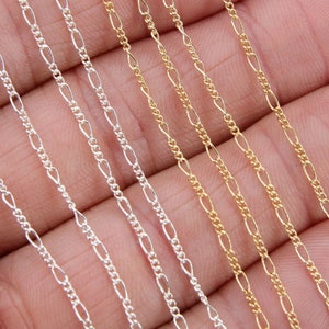 925 Sterling Silver Figaro Chains, Unfinished By The Foot CH #843, 1.6 mm 14 K Gold Filled Dainty Long and Short Link Chains