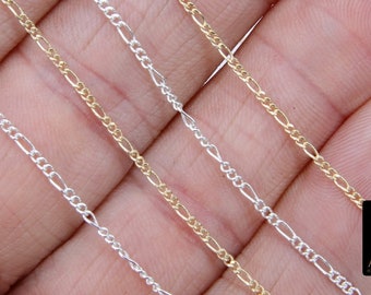 925 Sterling Silver Figaro Chains, 1.3 mm 14 K Gold Filled Dainty Chain CH #841, Long and Short Link Chains, Unfinished By The Foot