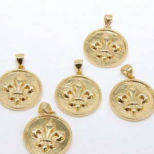 Dije de moneda de oro con flor de lis, disco redondo de 19 mm con pavé de circonita cúbica n.° 2620, colgantes de Nueva Orleans, Luisiana, para pulseras y collares