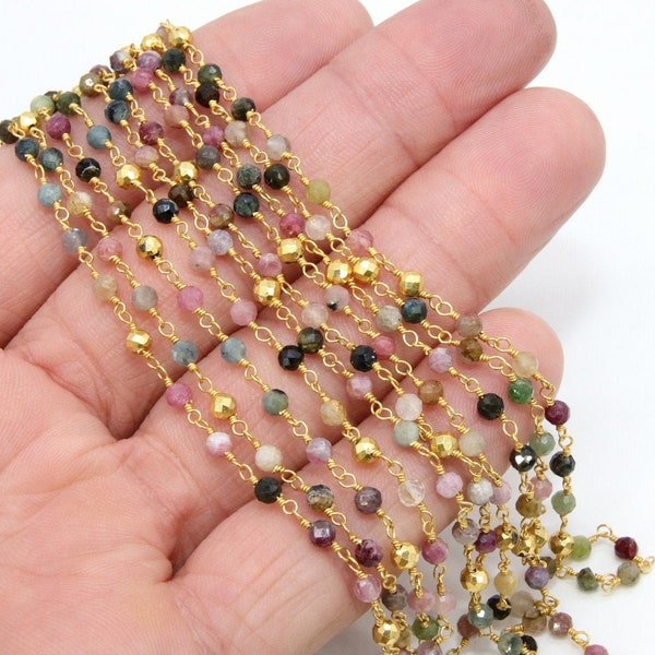 22 k Gold Natural Multi Tourmaline Rosary Chain, Unfinished 4 mm Gold Pyrite Beaded Wire Wrapped, Mixed Tourmaline Diamond Cut Gemstones