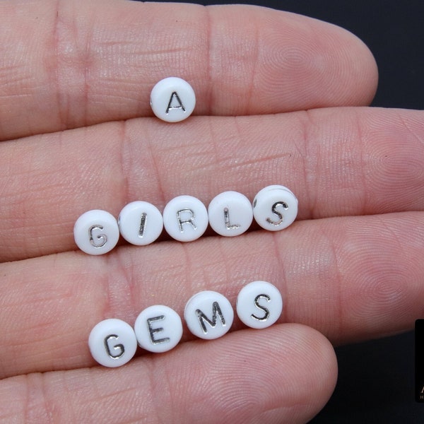 Silver Initial Acrylic Beads, Alphabet Letter in White and Silver Letters #688, 200 Pc Flat Round Initial Bracelet beads, 7 mm