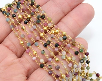 22 k Gold Natural Multi Tourmaline Rosary Chain, Unfinished 4 mm Gold Pyrite Beaded Wire Wrapped, Mixed Tourmaline Diamond Cut Gemstones
