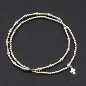 Mixed Metal Beaded Bar Bracelet, 925 Sterling Silver and  14 K Gold Filled Stretchy Cross Charms Stacking Bracelets, Handmade Waterproof