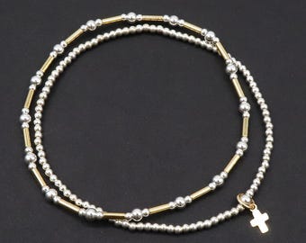 Mixed Metall Perlen Bar Armband, 925 Sterling Silber und 14 K Gold gefüllt Dehnbar Kreuz Charms Stacking Armbänder, handgefertigt wasserdicht