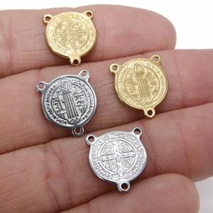 St. Benedict Medal Centers, Cross Rosary Connectors #526, Gold or Silver Necklace Links 14 x 16 mm