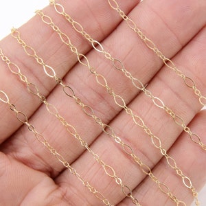 May include: A close-up of a gold chain with oval links. The chain is laid out on a hand, showing the length and detail of the links.