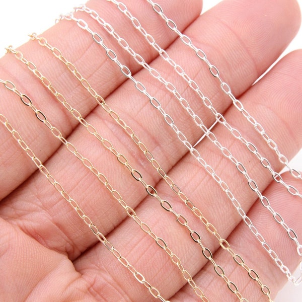 14 K Gold Fill Paper Clip Chain, 3.25 mm 925 Sterling Silver Unfinished Chain CH #751, Flat Rectangle Chain CH 851, Dainty Drawn Cable