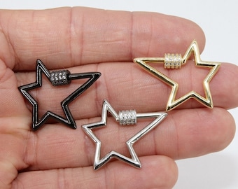 Carabiner Star Screw Clasps, Silver, Gold Large Cubic Zirconia Black Locks, Interlocking Charms # 2327