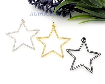 Star Crystal Charm Pendants, CZ Micro Pave Large CZ, 42 x 45 mm, Moon Charm, Gold, Silver, Black Stars, #767,