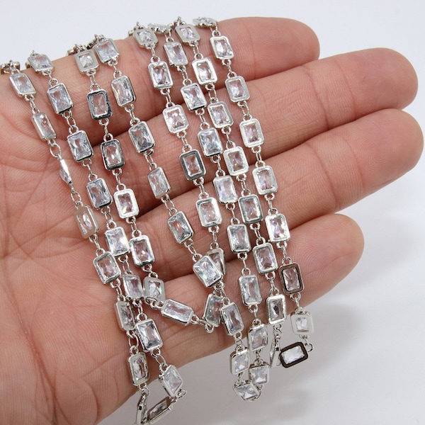 Genuine Cubic Zircon Chains, Rectangle Bezel Chains Silver CH #559, Gold Plated, 6 x 11 mm CZ Connectors Links