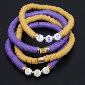 Heishi Beaded Bracelet, Purple and Gold Stretchy Bracelet #698, LSU Tiger Team Spirit Clay Beaded Bracelets