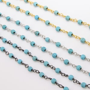 Turquoise Rosary Blue Beaded Chain, 4 mm Wire Wrapped CH #521, 6 mm Gunmetal Black, Blue Boho Howlite Jewelry Chain