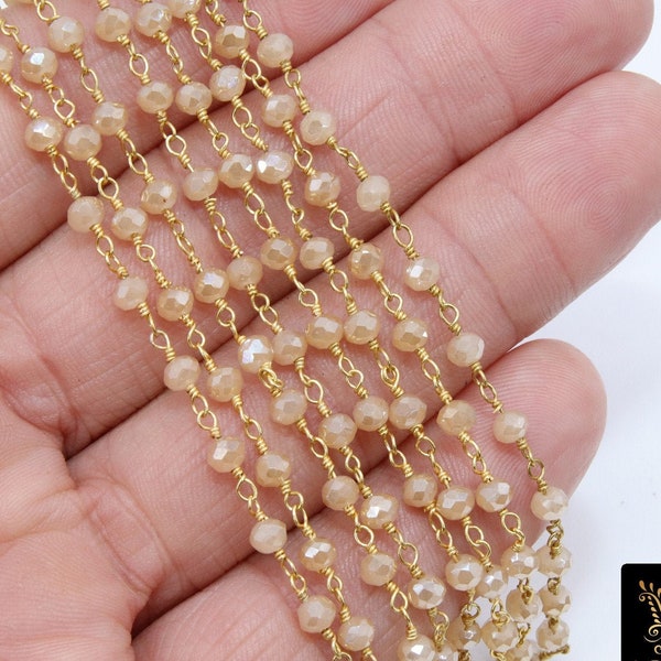 Creamy Beige Rosary Chain, 4 mm Gold Wire Wrapped Chain CH #412, Black Wire Wrap, Beaded Crystal AB, Light Tan Religious Chain, By The Foot
