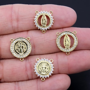 CZ Pave Mary Centers, Gold Cross Connectors #569, Jesus Charm Links, Round Miraculous Mary 3 Loop Medals