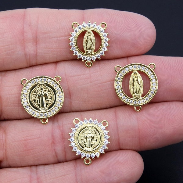 CZ Pave Mary Centers, Gold Cross Religious Connectors #569, Jesus Charm Links, Round Miraculous Mary 3 Loop Medals