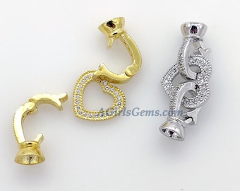 Cierres de hebilla de corazón pavé CZ con 2 clips, fornituras de joyería de eslabones entrelazados de oro o plata, cierres plegables de diseñador, 17 x 34 mm #519