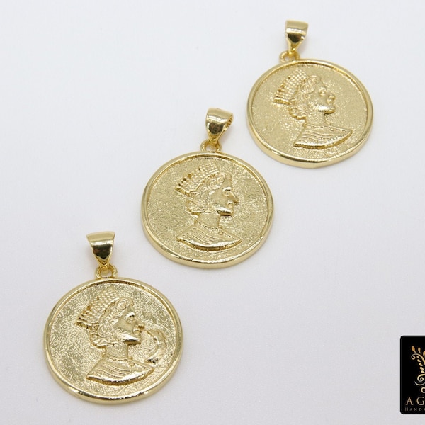 Gold Queen Elizabeth Coin Charm, CZ Pave 19 mm Round Disc #2620, Queen Circle Pendants for Bracelets, Necklace