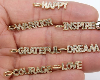 CZ Pave Tiny Dog Tags, Gold Word Charms, Inspirational Dog Tags, Oblong Rectangle Pendants, Courage, Dream, Love, Happy, Grateful Bars