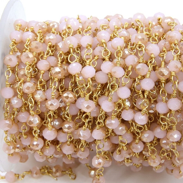 Pink Rosary Chains, 4 mm Pink Beige Mystic Crystal Gold Chains CH #418, Rondelle Wire Wrapped, Beaded Boho Chains, Religious Jewelry