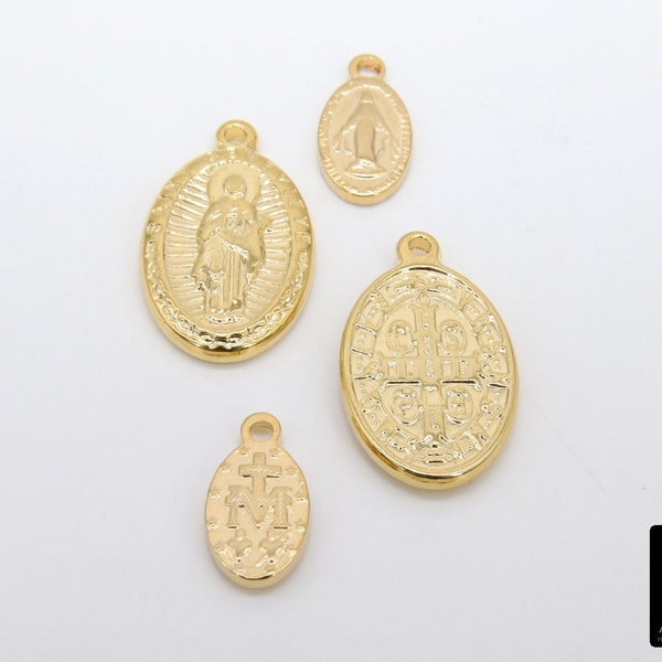 Gold Oval Virgin Mary Charm, Gold Steel Miraculous Madonna Bracelet Charms #2254, Minimalist Rosary Chain Necklace