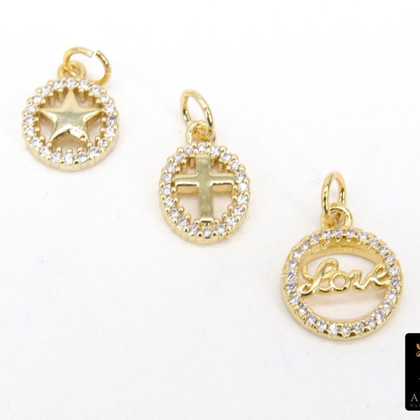 Gold CZ Love Charms, Small Star Round Charms, Mini Oval Cross Charms, Cubic Zirconia Tiny Minimalist Charms