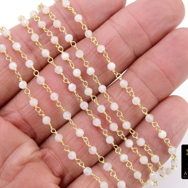Rainbow Moonstone Gold Rosary Chain, 4 mm Faceted White Beaded Chains CH #457, Gemstone Wire Wrapped By the Foot