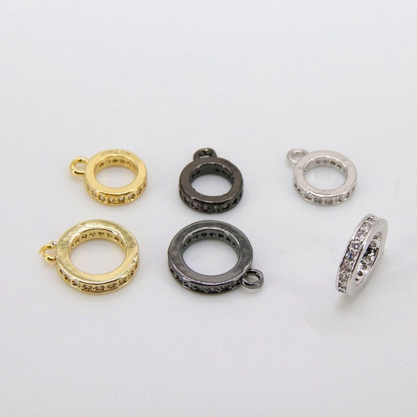 Gold CZ Charm Holder Connector Rings, 8 or 10 mm Cubic Zirconia Slide Spacer Big Circle #137, Large Hole Silver, Black, Gold Dangles