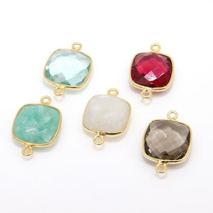 Square Gemstone Connectors, Gold Birthstone Links AG #3545, Gold Plated 925 Sterling Silver, Boho Style, 13 x 19 mm DIY Jewelry