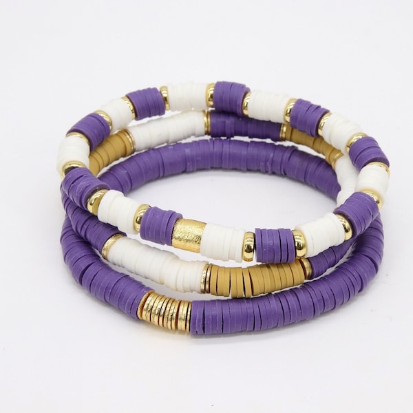 LSU Heishi Beaded Bracelet, Purple White Gold Stretchy Bracelet #795, Ravens Team Spirit Clay Beaded Bracelets