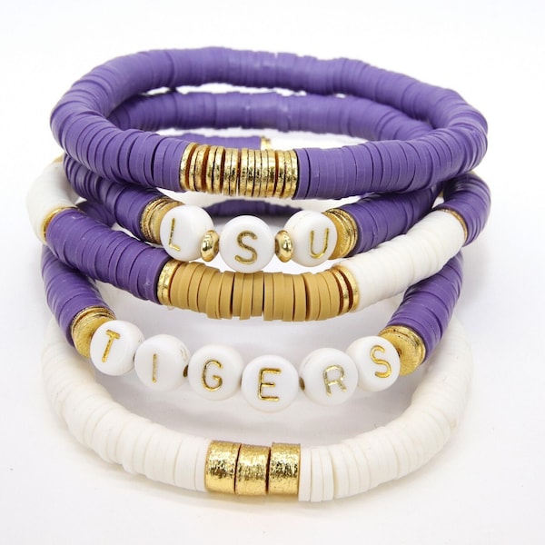 LSU Heishi Beaded Bracelet, 6 mm Purple White Gold Stretchy Bracelet #795, California Tigers Mom Team Spirit Clay Beaded Bangles