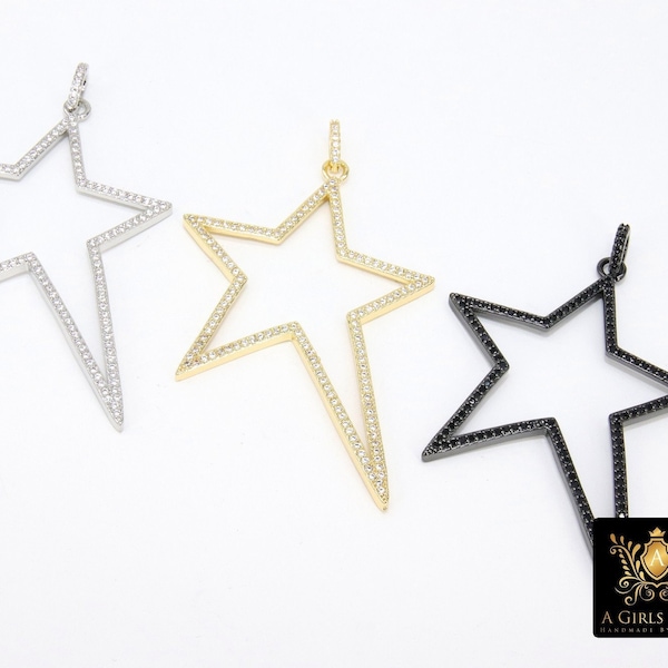 Star Crystal Charm Pendants, Gold CZ Micro Pave Large Black Starburst #791, Silver Star 45 x 61 mm, Black Stars