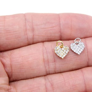 CZ Paved Gold Heart Charm, 9 mm Silver Cubic Zirconia Flat Heart Shaped Charm #170, Tiny CZ Heart Charms, Minimalist Valentine Love Heart