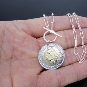 Silver Coin Necklace, 925 Sterling Silver Medallion Toggle Wrap Necklace, Rectangle Chain Gold Tiger Head Coin