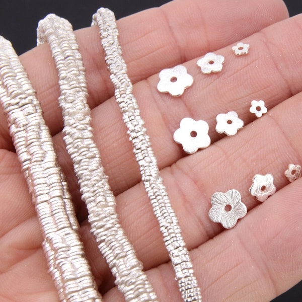 Silver Petal Spacer Beads, 20-200 pcs Round Brushed Flat Daisy Discs #2931, Flower Wavy Rondelle, 4 mm 6 mm 8 mm High Quality Findings